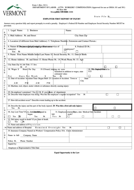 Form 1 - Employer First Report Of Injury Printable pdf
