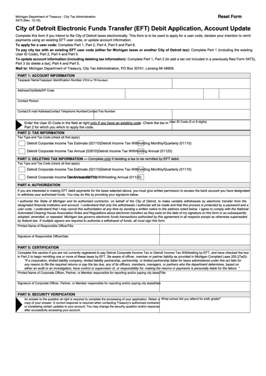 Fillable Form 5473 - City Of Detroit Electronic Funds Transfer (Eft) Debit Application, Account Update - Michigan Department Of Treasury Printable pdf
