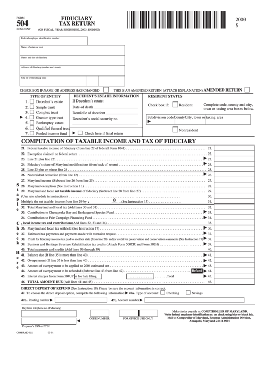 Form 504 - Fiduciary Tax Return - 2003 Printable pdf