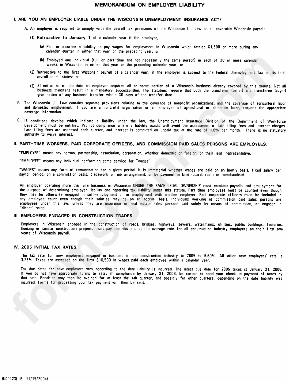 Memorandum Of Employer Liability - 2004