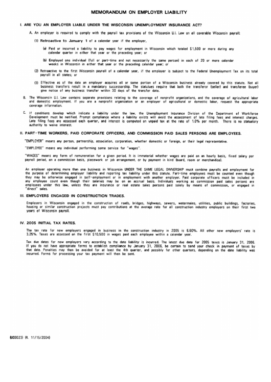 Memorandum Of Employer Liability - 2004 Printable pdf