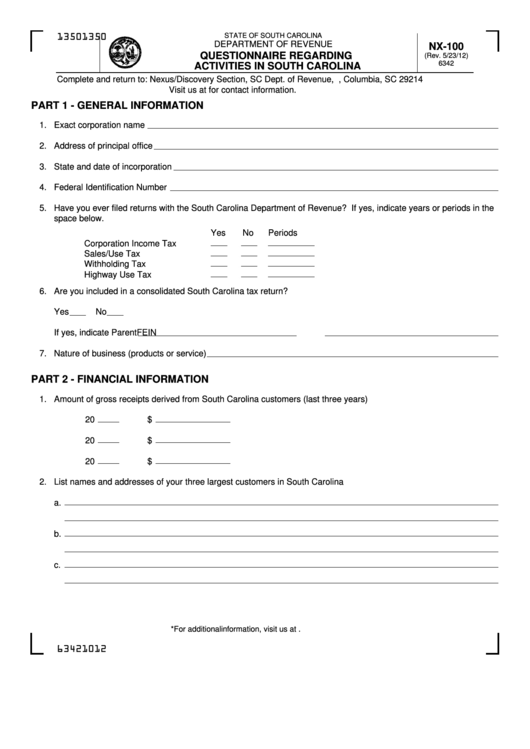 Form Nx-100 - Questionnaire Regarding Activities In South Carolina Printable pdf