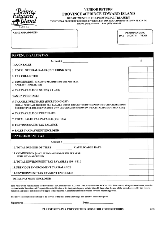Form Ret-1 - Vendor Return - Province Of Prince Edward Island Printable pdf