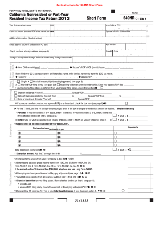 Fillable Short Form 540nr C1 - California Nonresident Or Part-Year Resident Income Tax Return - 2013 Printable pdf