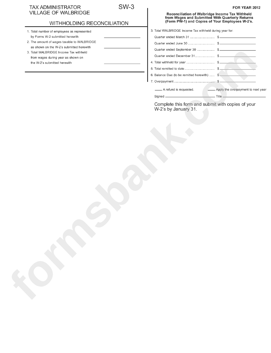 Form Sw-3 - Withholding Reconciliation - Tax Administrator Village Of Walbridge - 2012