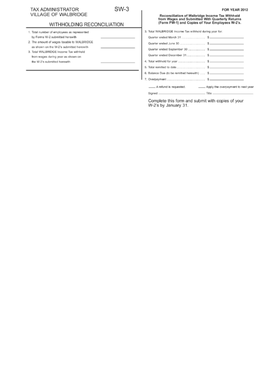 Form Sw-3 - Withholding Reconciliation - Tax Administrator Village Of Walbridge - 2012 Printable pdf