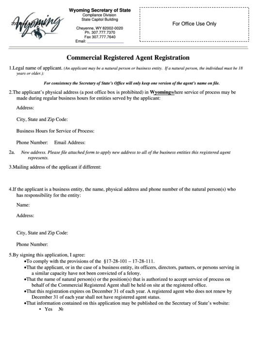 Fillable Commercial Registered Agent Registration Form - Wyoming Secretary Of State Printable pdf
