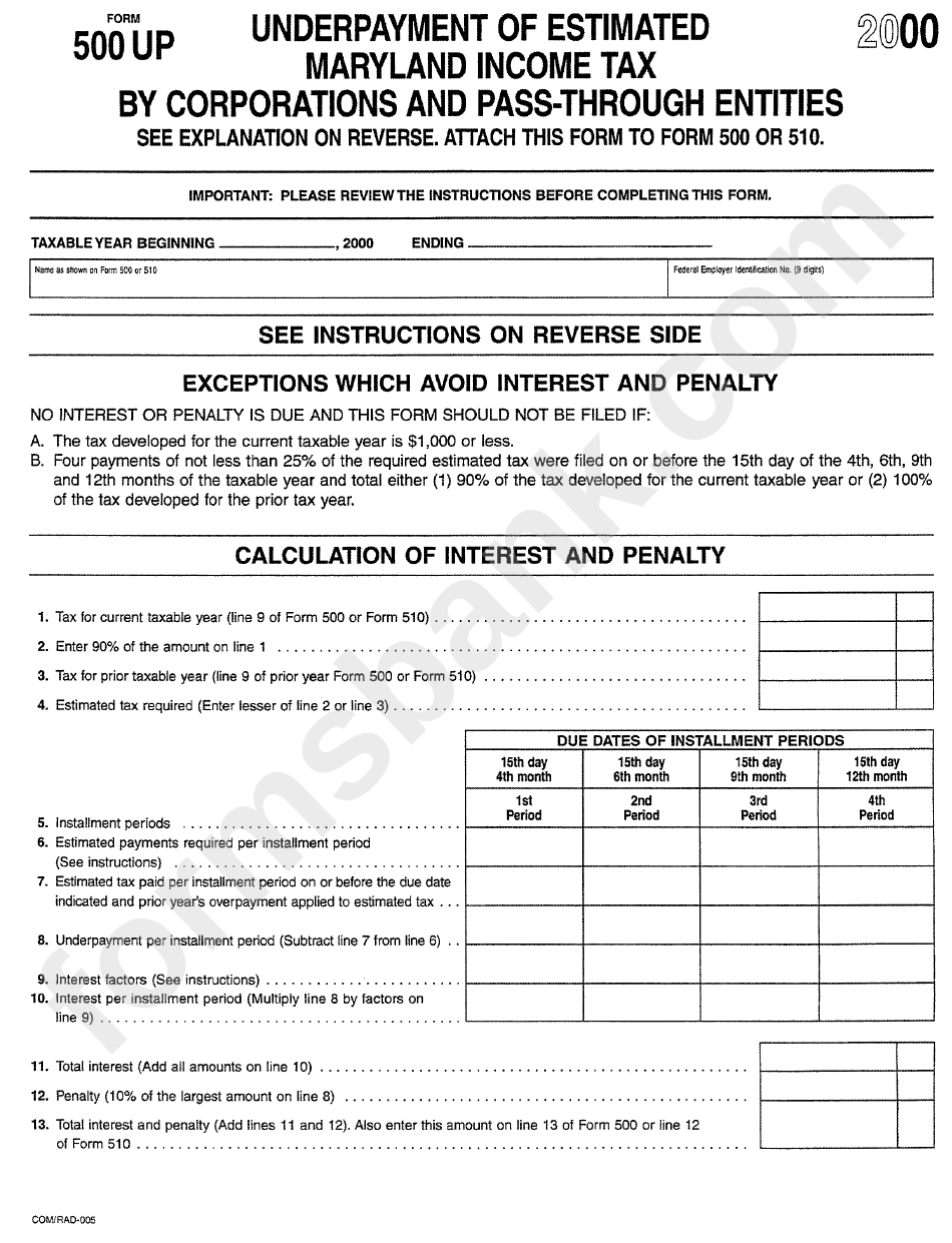 Form 500 Up - Underpayment Of Estimated Maryland Income Tax By Corporations And Pass-Through Entities - 2000