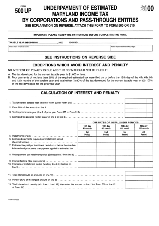 Form 500 Up - Underpayment Of Estimated Maryland Income Tax By Corporations And Pass-Through Entities - 2000 Printable pdf