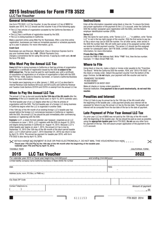 California Form 3522 - Llc Tax Voucher - 2015 Printable pdf