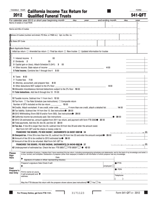 Form 541-Qft - California Income Tax Return For Qualified Funeral Trusts - 2012 Printable pdf