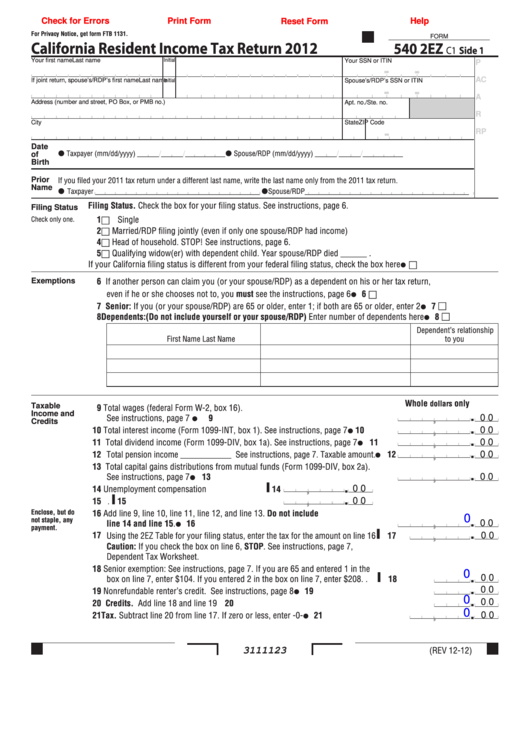 Fillable Form 540 2ez - California Resident Income Tax Return - 2012 Printable pdf