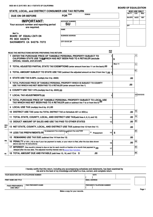 Fillable Form Boe-401-E - State, Local, And District Consumer Use Tax Return - State Of California Board Of Equalization Printable pdf