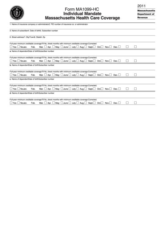 Form Ma 1099-Hc - Individual Mandate Massachusetts Health Care Coverage - 2011 Printable pdf