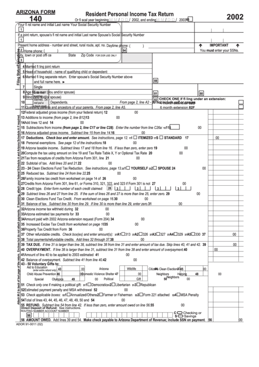 Fillable Arizona Form 140 - Resident Personal Income Tax Return - 2002 Printable pdf