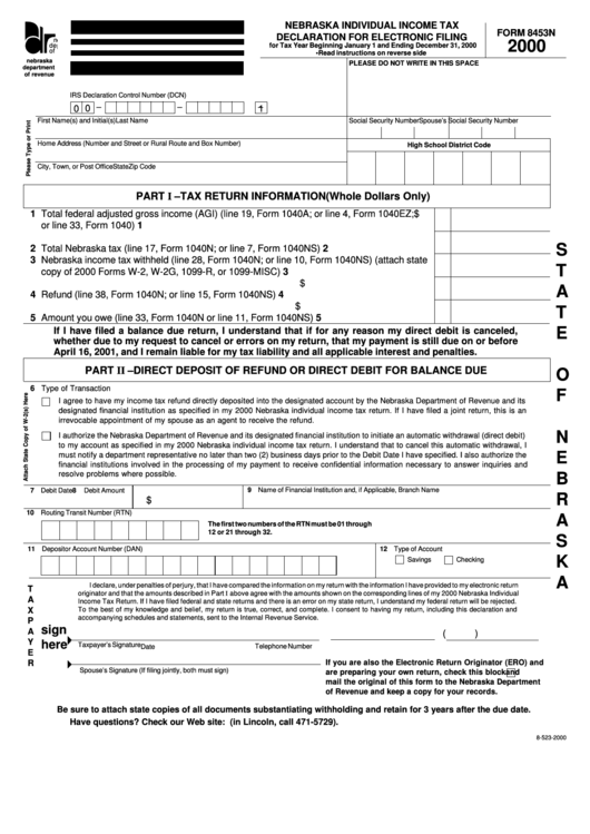 Form 8453n - Nebraska Individual Income Tax Declaration For Electronic Filing - 2000 Printable pdf