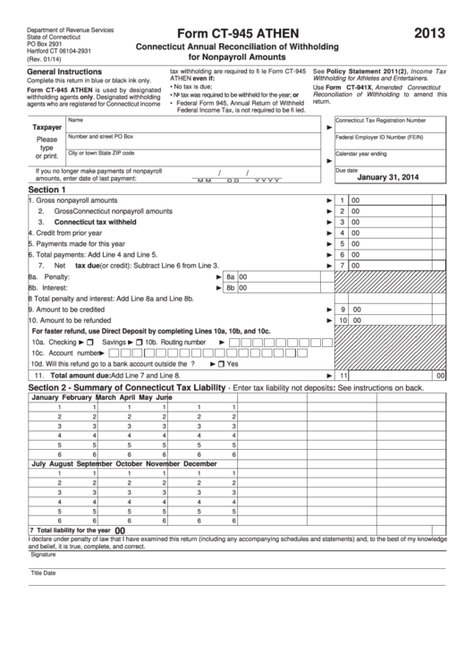 Form Ct-945 Athen - Connecticut Annual Reconciliation Of Withholding For Nonpayroll Amounts - 2013 Printable pdf