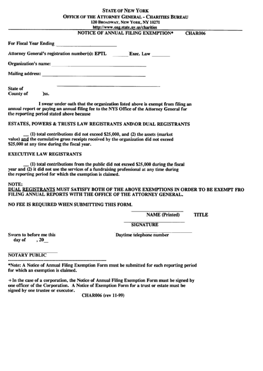 Notice Of Annual Filing Exemption - State Of New York Printable pdf