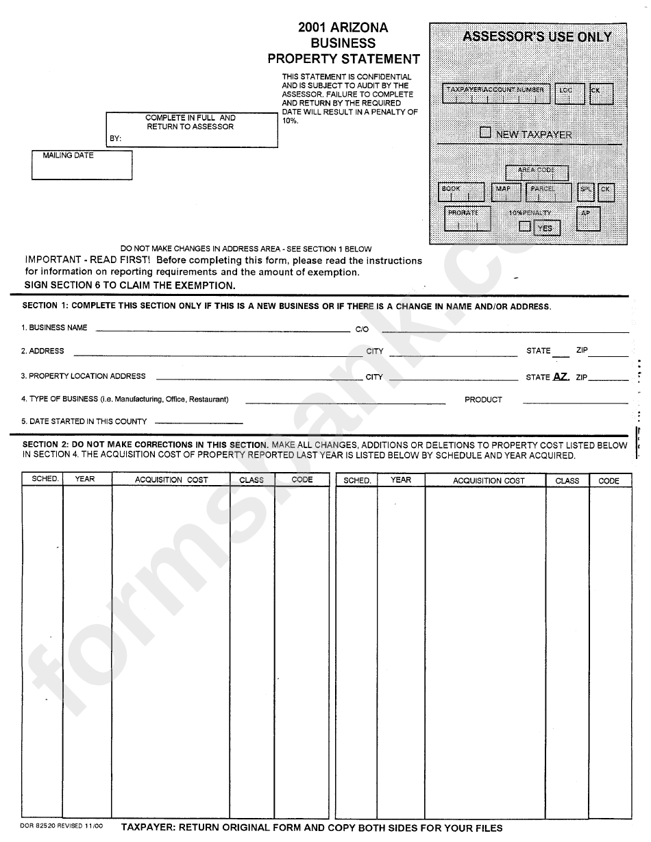 Form Dor 82520 - 2001 Arizona Business Property Statement