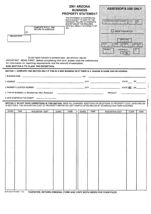 Form Dor 82520 - 2001 Arizona Business Property Statement Printable pdf