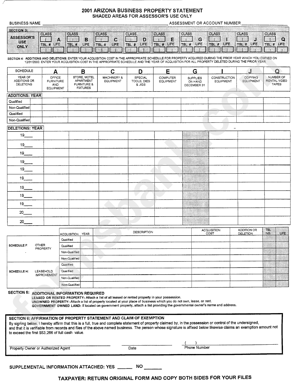 Form Dor 82520 - 2001 Arizona Business Property Statement