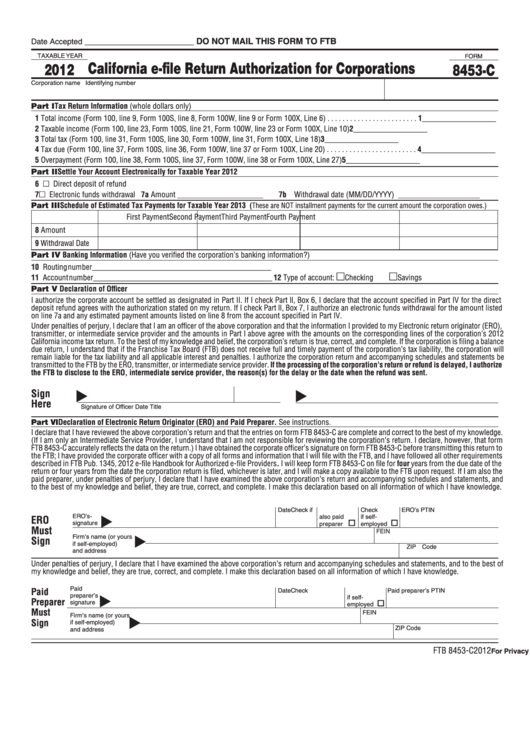 Form 8453-C - California E-File Return Authorization For Corporations - 2012 Printable pdf