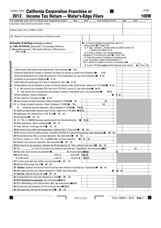 Form 100w - California Corporation Franchise Or Income Tax Return - Water