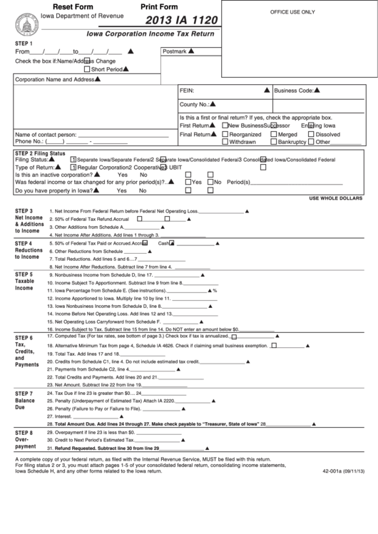 Fillable Form Ia 1120 - Iowa Corporation Income Tax Return - 2013 Printable pdf