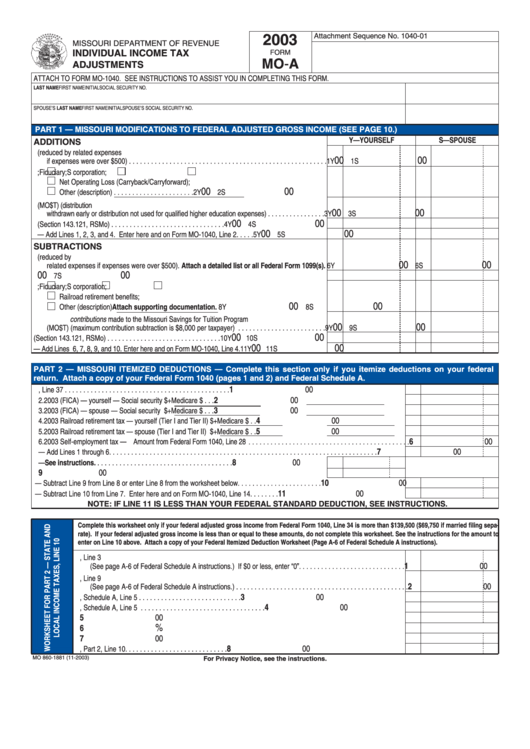 Form Mo-A - Individual Income Tax Adjustments - 2003 Printable pdf