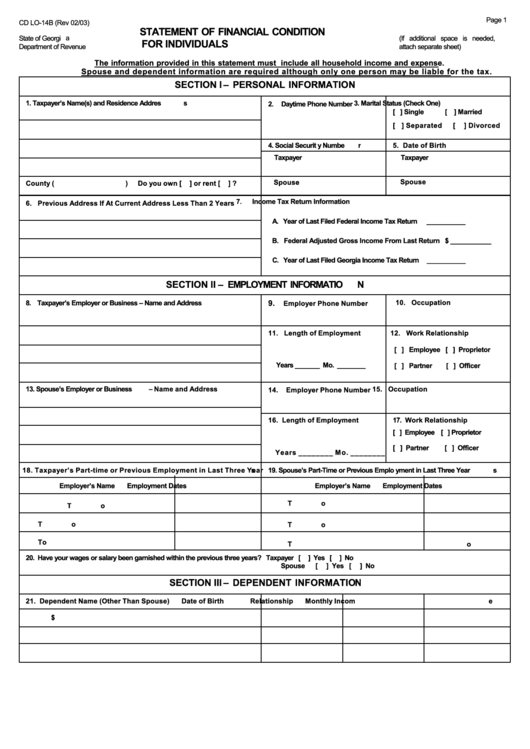 Form Cd Lo-14b - Statement Of Financial Condition For Individuals Printable pdf