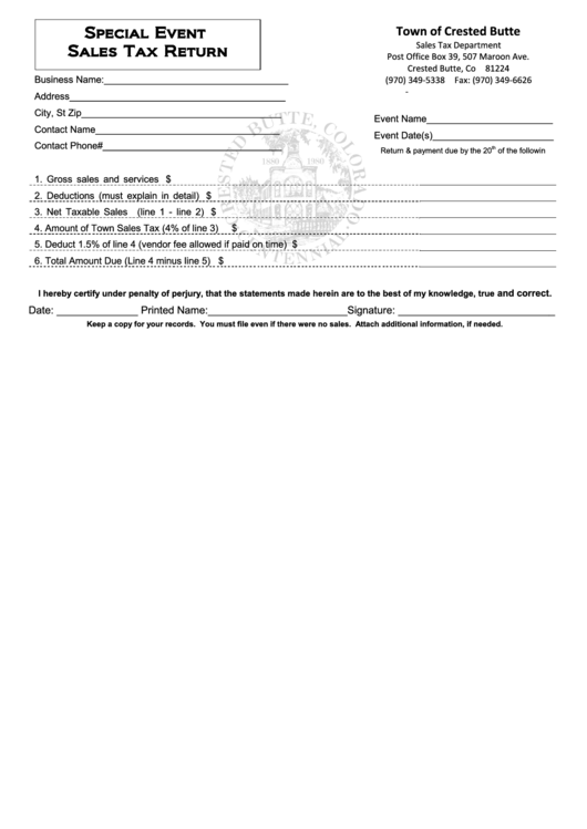 Special Event Sales Tax Return Form - Town Of Crested Butte Printable pdf