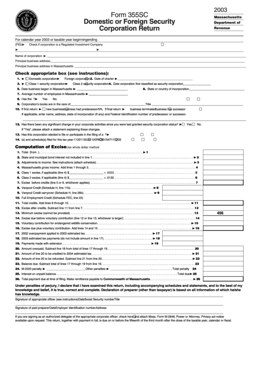 Form 355sc - Domestic Or Foreign Security Corporation Return - 2003 Printable pdf