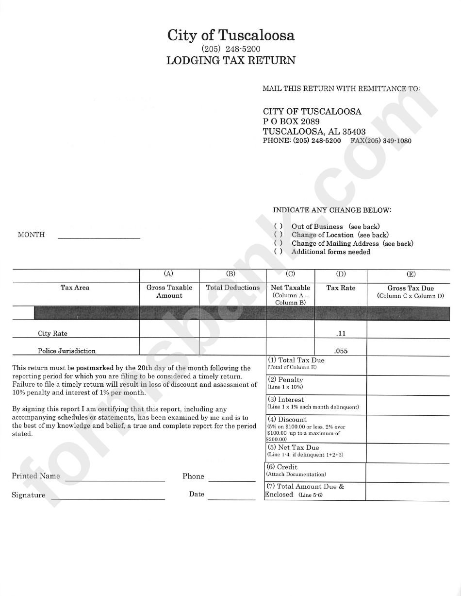 Lodging Tax Return Form - City Of Tuscaloosa