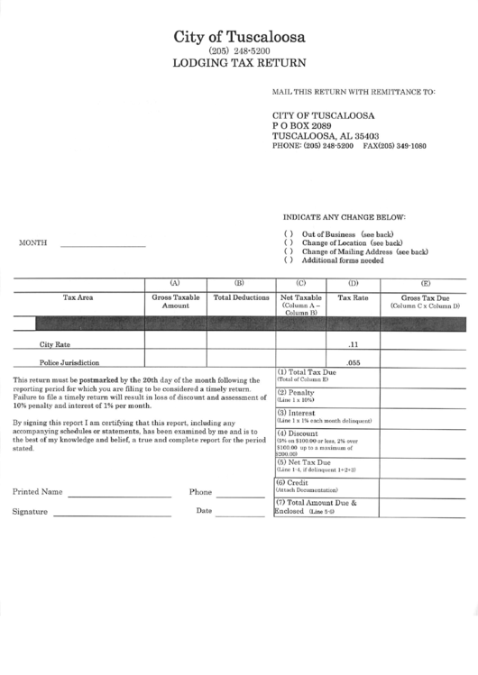 Fillable Lodging Tax Return Form - City Of Tuscaloosa Printable pdf