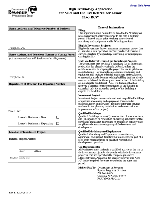 Fillable Form Rev 81 1012e - High Technology Application For Sales And Use Tax Deferral For Lessor 82.63 Rcw - 2013 Printable pdf