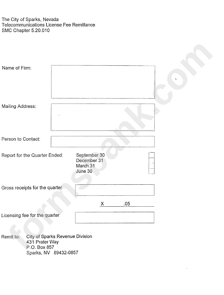 Telecommunications License Fee Remittance - City Of Sparks Revenue Division