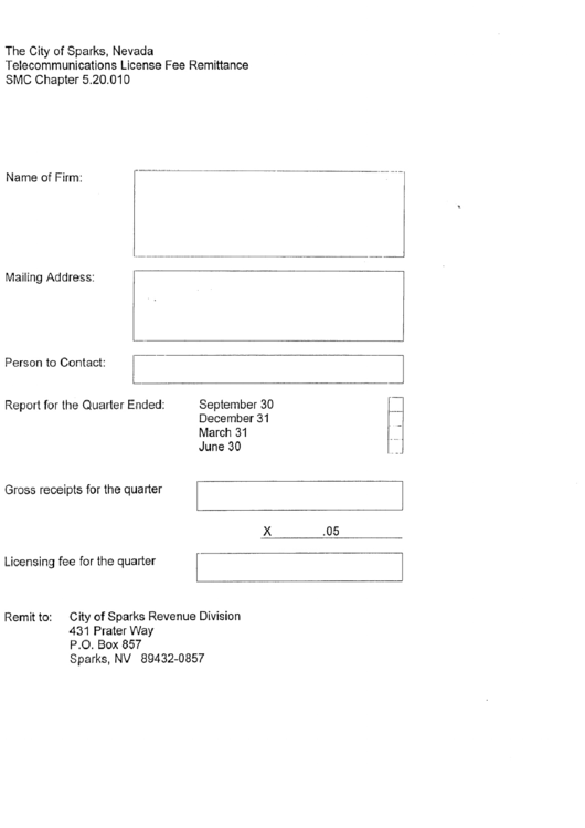 Telecommunications License Fee Remittance - City Of Sparks Revenue Division Printable pdf