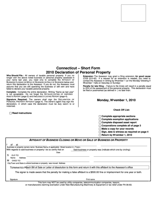 Declaration Of Personal Property - Short Form - Connecticut - 2010 Printable pdf