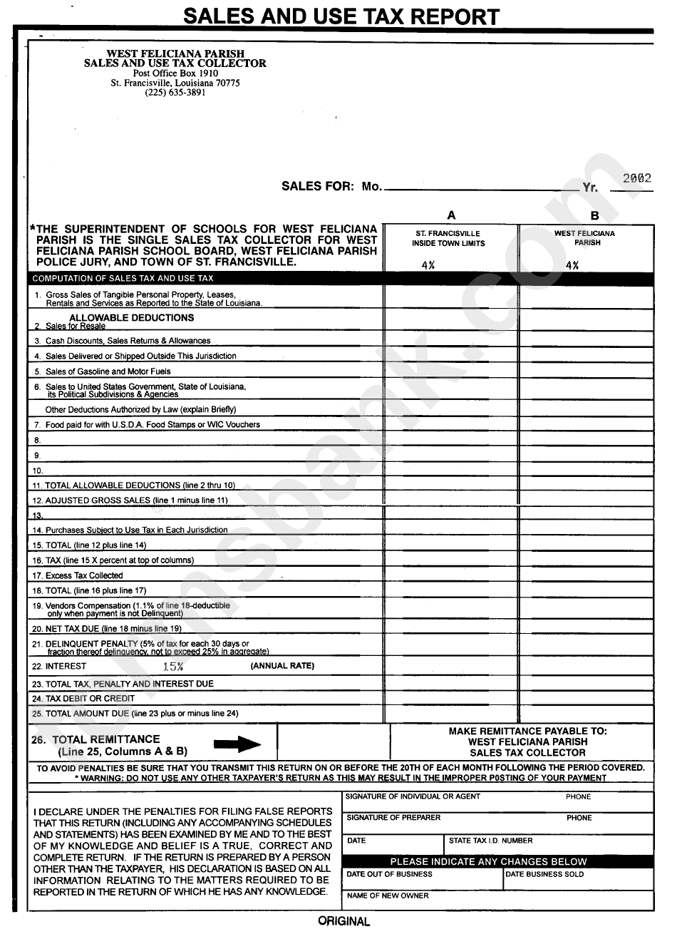 Sales And Use Tax Report - West Feliciana Parish Sales And Use Tax Collector