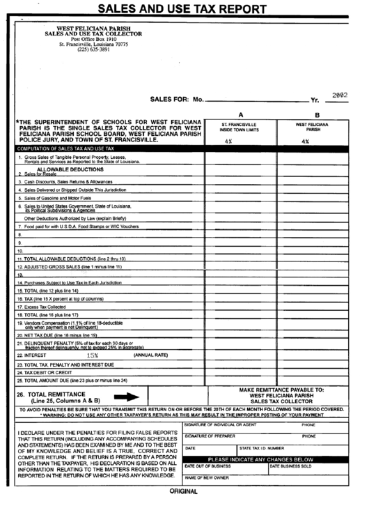 Sales And Use Tax Report - West Feliciana Parish Sales And Use Tax Collector Printable pdf