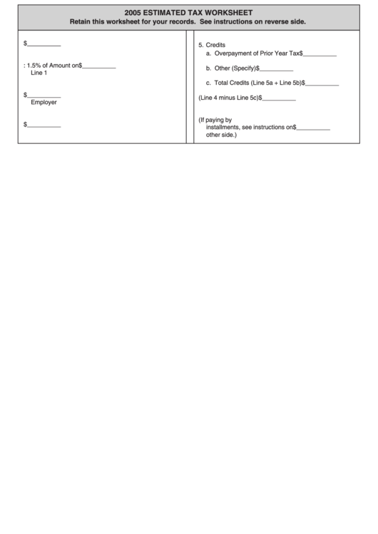 2005 Estimated Tax Worksheet With Instructions Printable pdf