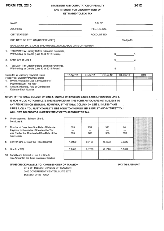 Form Tol 2210 - Statement And Computation Of Penalty And Interest For Underpayment Of Estimated Toledo Tax - 2012 Printable pdf