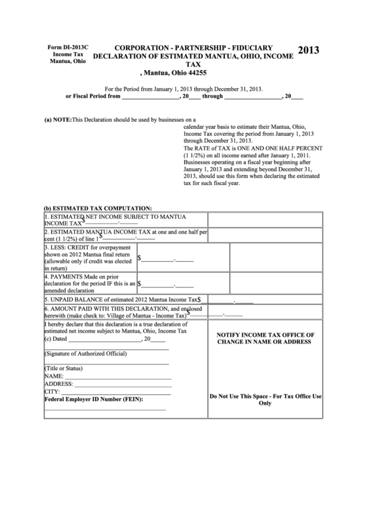 Form Di-2013c - Corporation - Partnership - Fiduciary Declaration Of Estimated Mantua, Ohio, Income Tax - 2013 Printable pdf