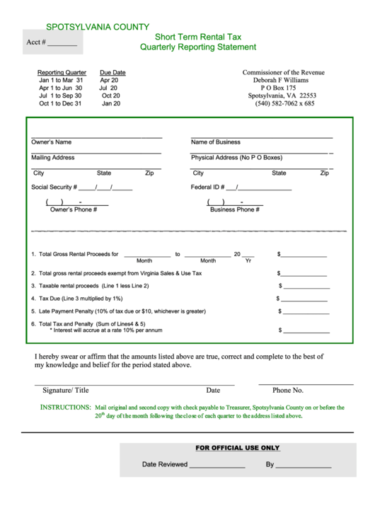 Short Term Rental Tax Quarterly Reporting Statement - Spotsylvania County Printable pdf