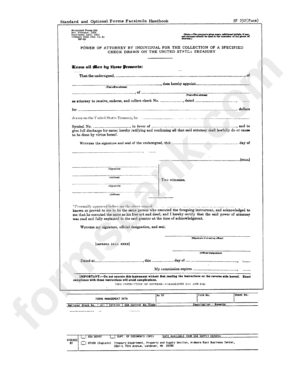 Form 232 - Power Of Attorney By Individual For The Collection Of A Specified Check Drawn On The United States Treasury - 1975