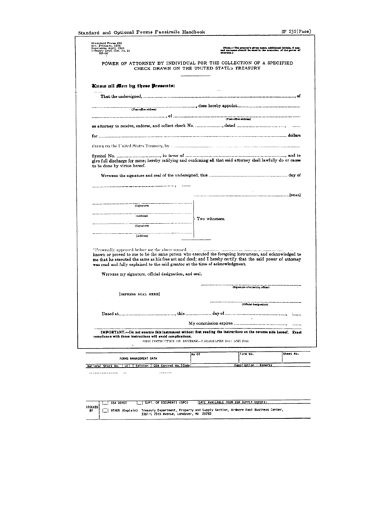 Form 232 - Power Of Attorney By Individual For The Collection Of A Specified Check Drawn On The United States Treasury - 1975 Printable pdf