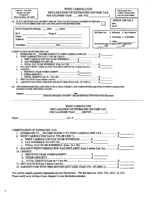 Form D1 - West Carrollton Declaration Of Estimated Income Tax Printable pdf