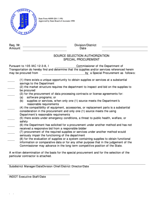 Fillable Form 46909 - Source Selection Authorization - Special Procurement Printable pdf
