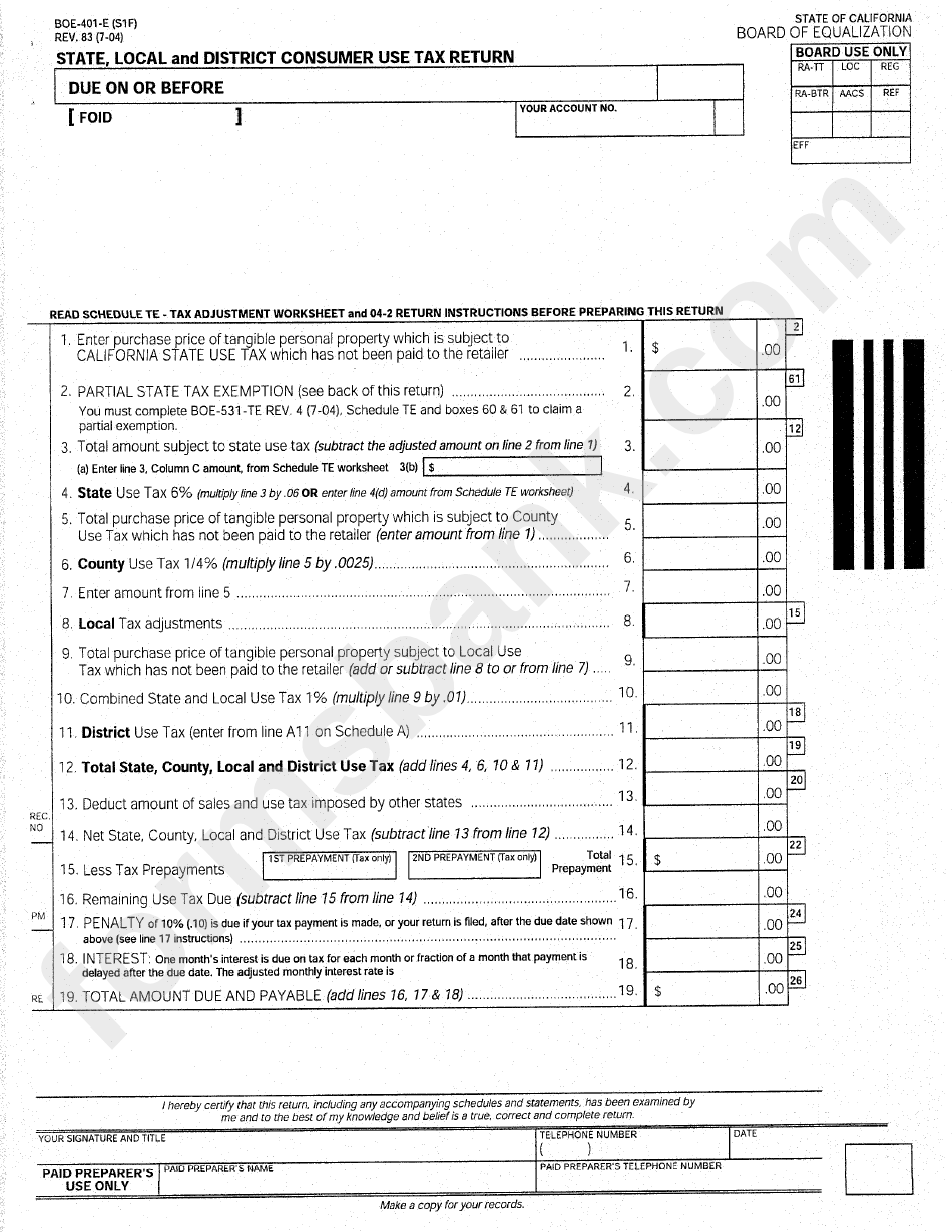 Form Boe-401-E - State, Local And District Consumer Use Tax Return - 2004