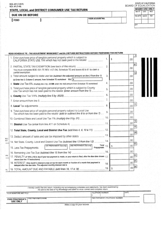 Form Boe-401-E - State, Local And District Consumer Use Tax Return - 2004 Printable pdf